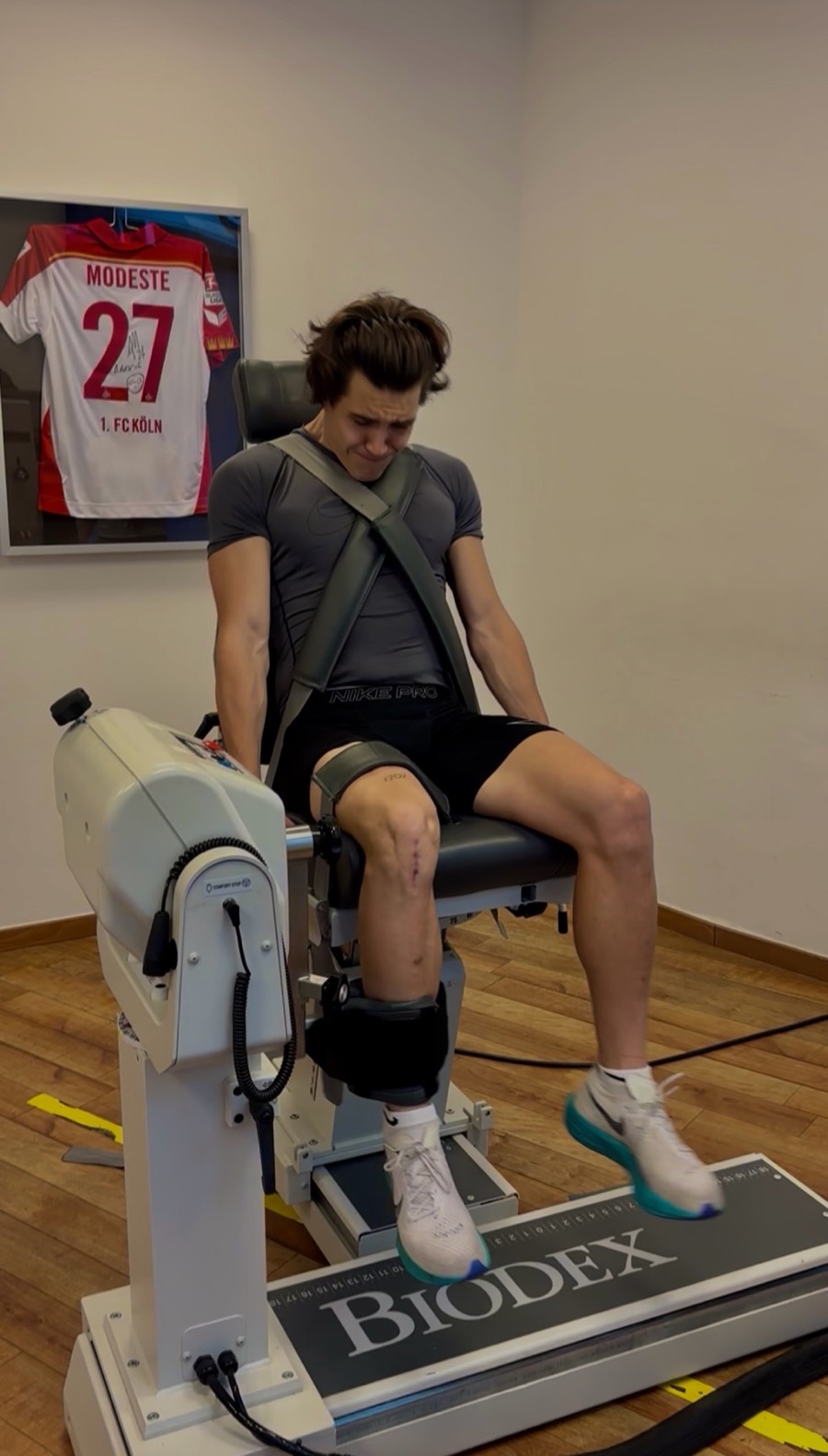 Nico completing strength testing during knee rehabilitation